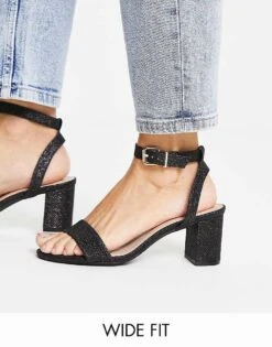 Dune Wide Fit Dune London Wide Fit Meye Block Heel Two Part Sandals In Black Glitter For Women