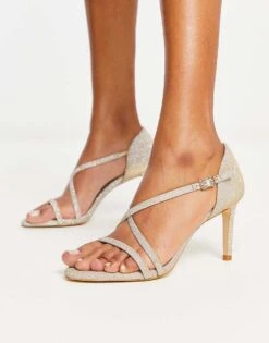 Dune London Square Toe Heels Sandals In Rose Gold For Women